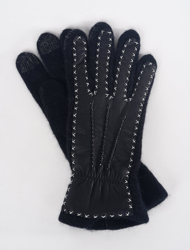 Santacana Madrid Leather Back Wool/Angora Glove. Black One Size Black