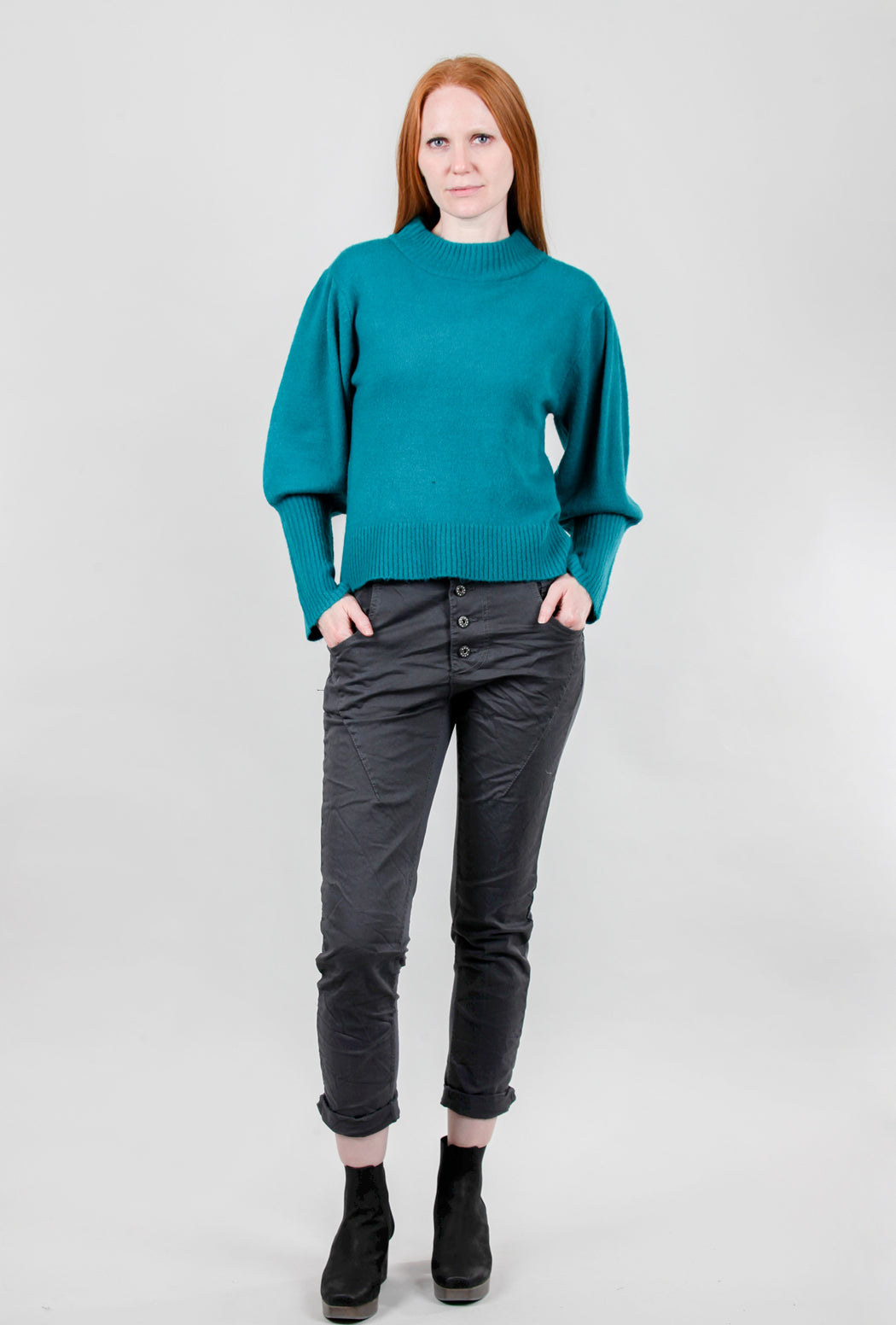 Gabby Isabella Puff Sleeve Rib Detail Sweater, Teal XLarge Teal