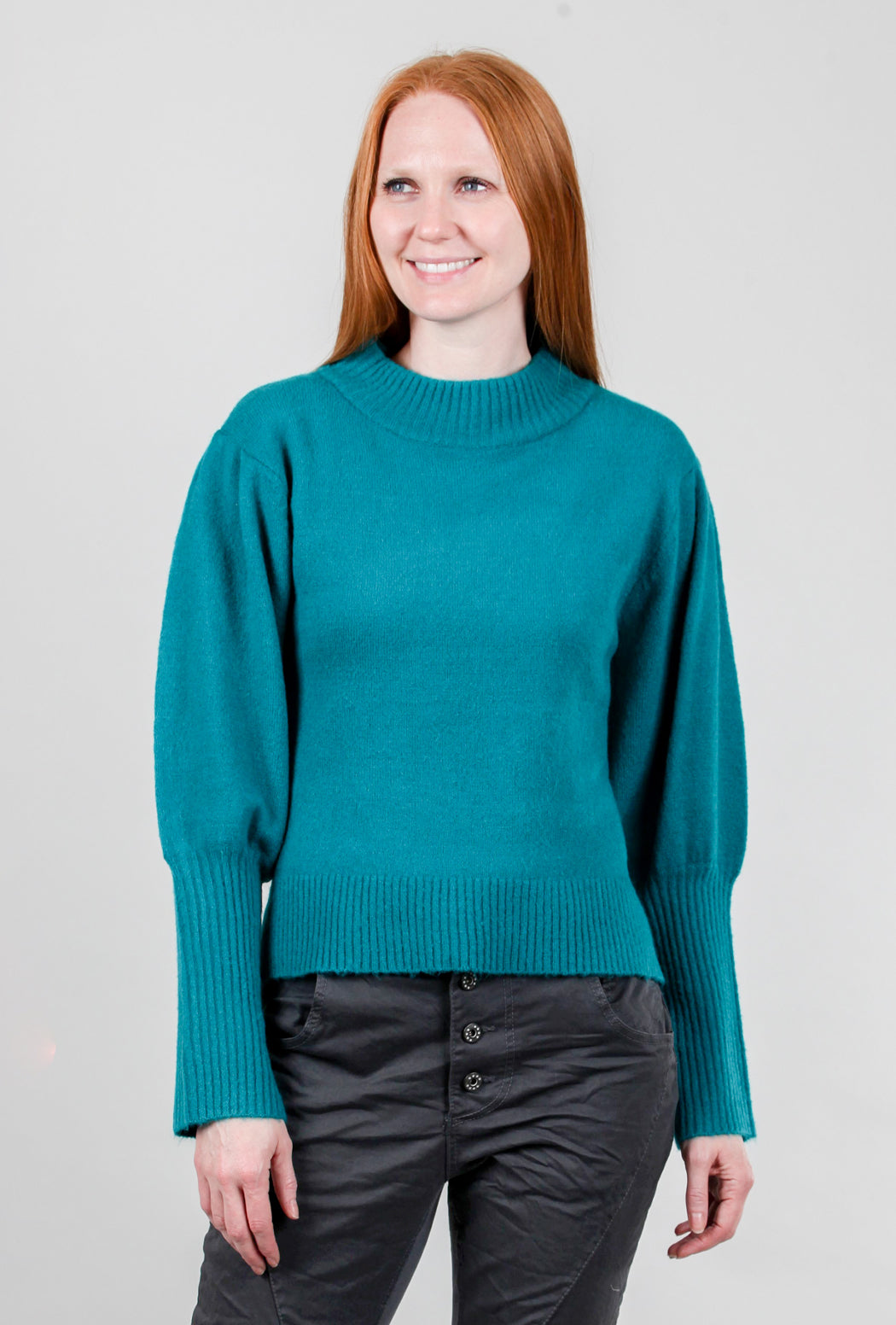 Gabby Isabella Puff Sleeve Rib Detail Sweater, Teal XLarge Teal