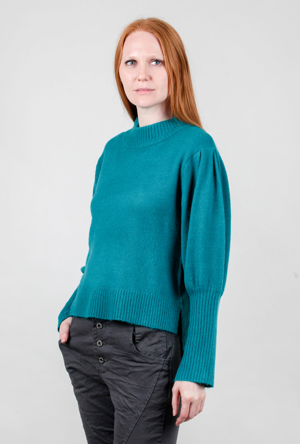 Gabby Isabella Puff Sleeve Rib Detail Sweater, Teal XLarge Teal