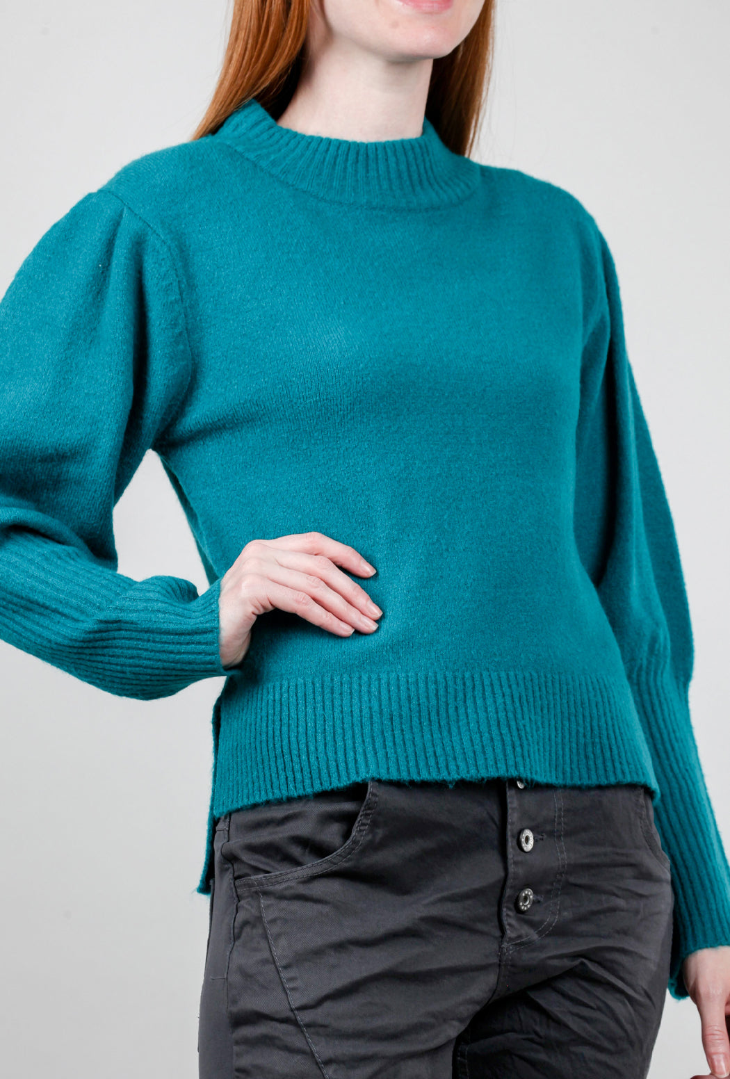 Gabby Isabella Puff Sleeve Rib Detail Sweater, Teal XLarge Teal