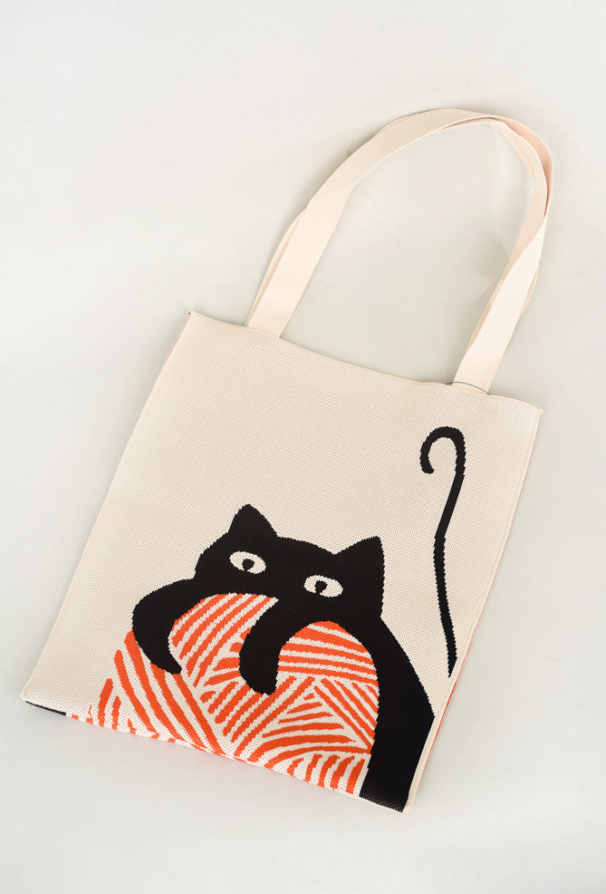 Knit Bon Bons Kitty & Yarn Knit Tote Bag, Cream/Orange One Size 