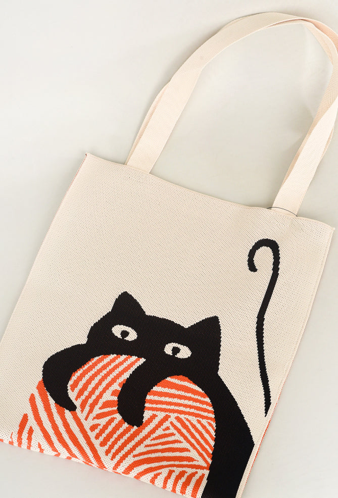 Knit Bon Bons Kitty & Yarn Knit Tote Bag, Cream/Orange One Size 