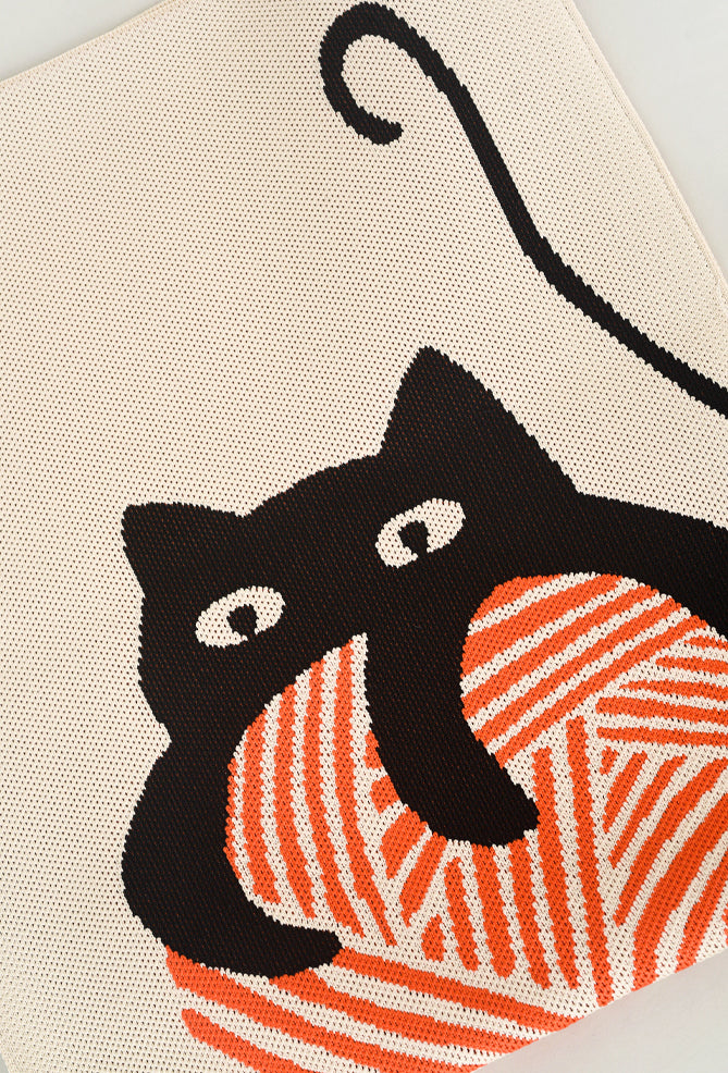 Knit Bon Bons Kitty & Yarn Knit Tote Bag, Cream/Orange One Size 