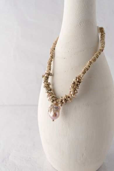 Mela Scrunch Gold Cord Pearl Drop Necklace 