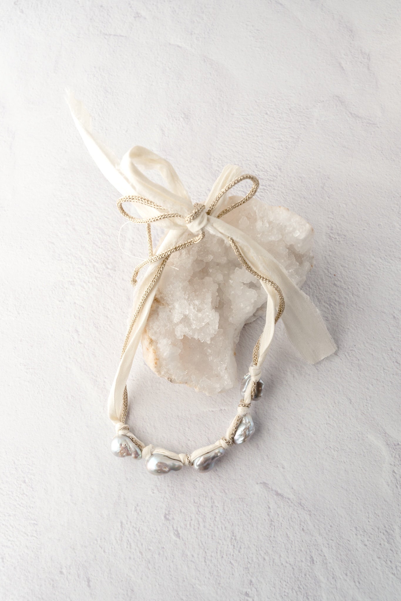 Mela Five Pearl Raw Silk Ribbon Necklace 