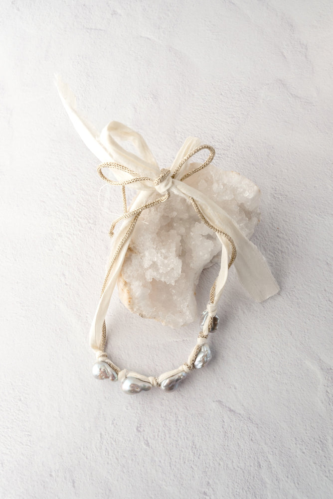Mela Five Pearl Raw Silk Ribbon Necklace 