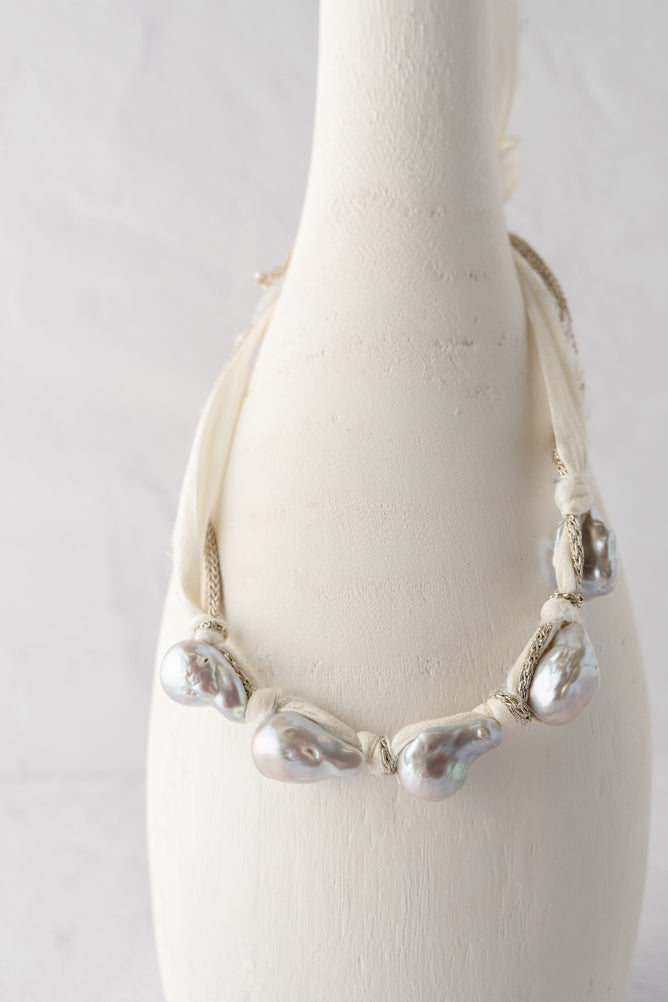 Mela Five Pearl Raw Silk Ribbon Necklace 