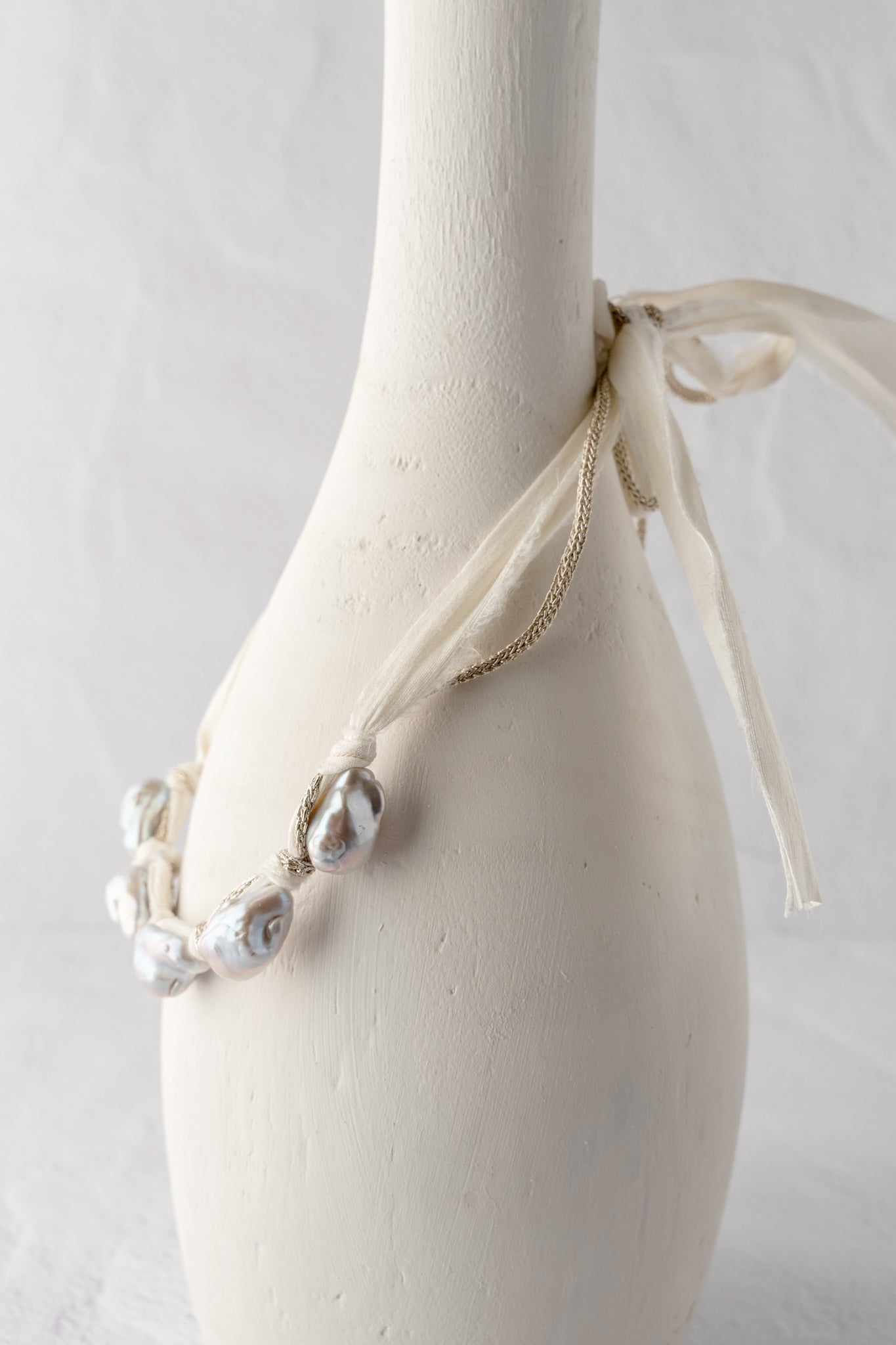 Mela Five Pearl Raw Silk Ribbon Necklace 