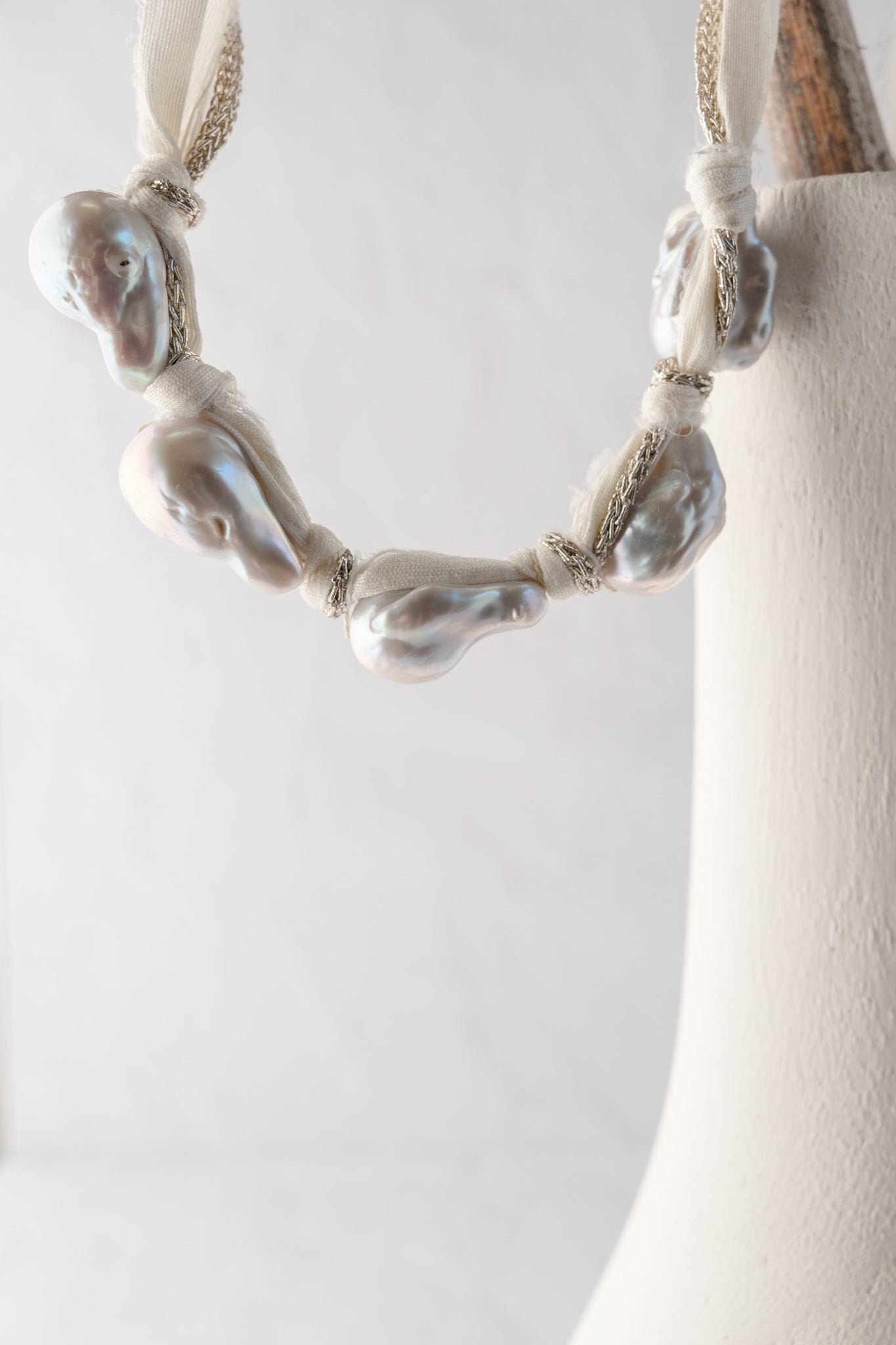Mela Five Pearl Raw Silk Ribbon Necklace 