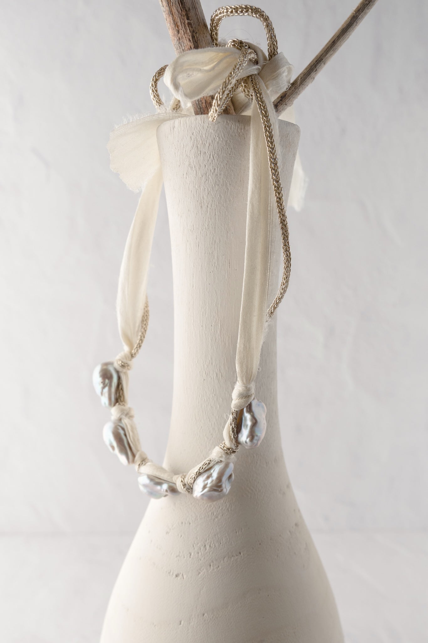 Mela Five Pearl Raw Silk Ribbon Necklace 