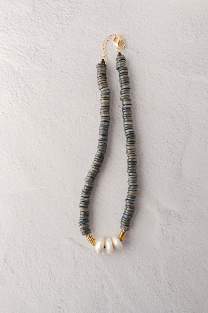 Escape from Paris Denim Heishi Gold and Pearl Necklace 