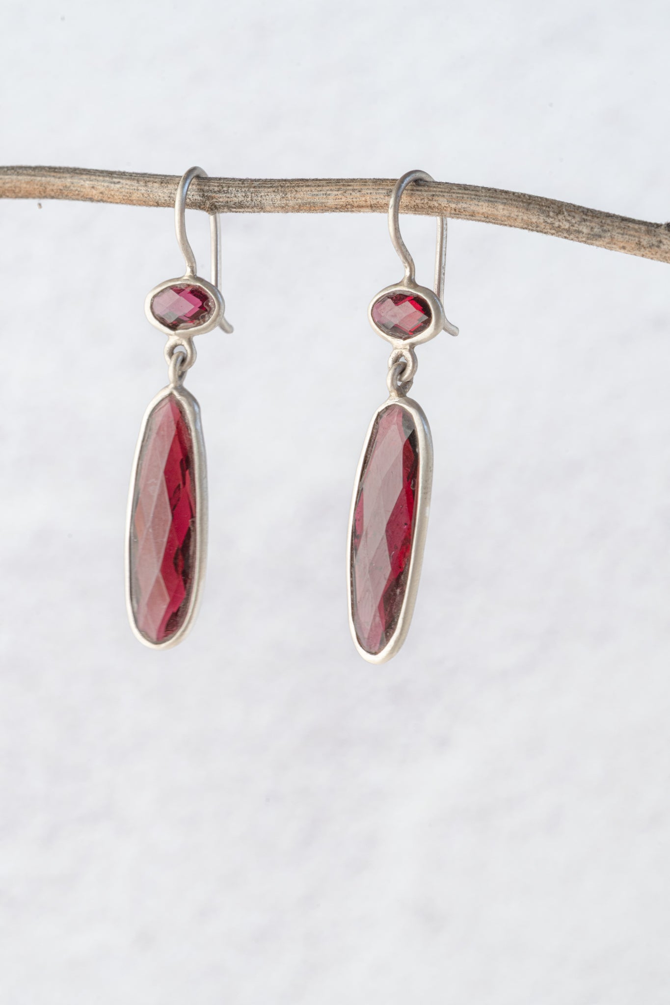 Jane Diaz Long Skinny Organic Shaped Stone Drop, Rhodolite Garnet 