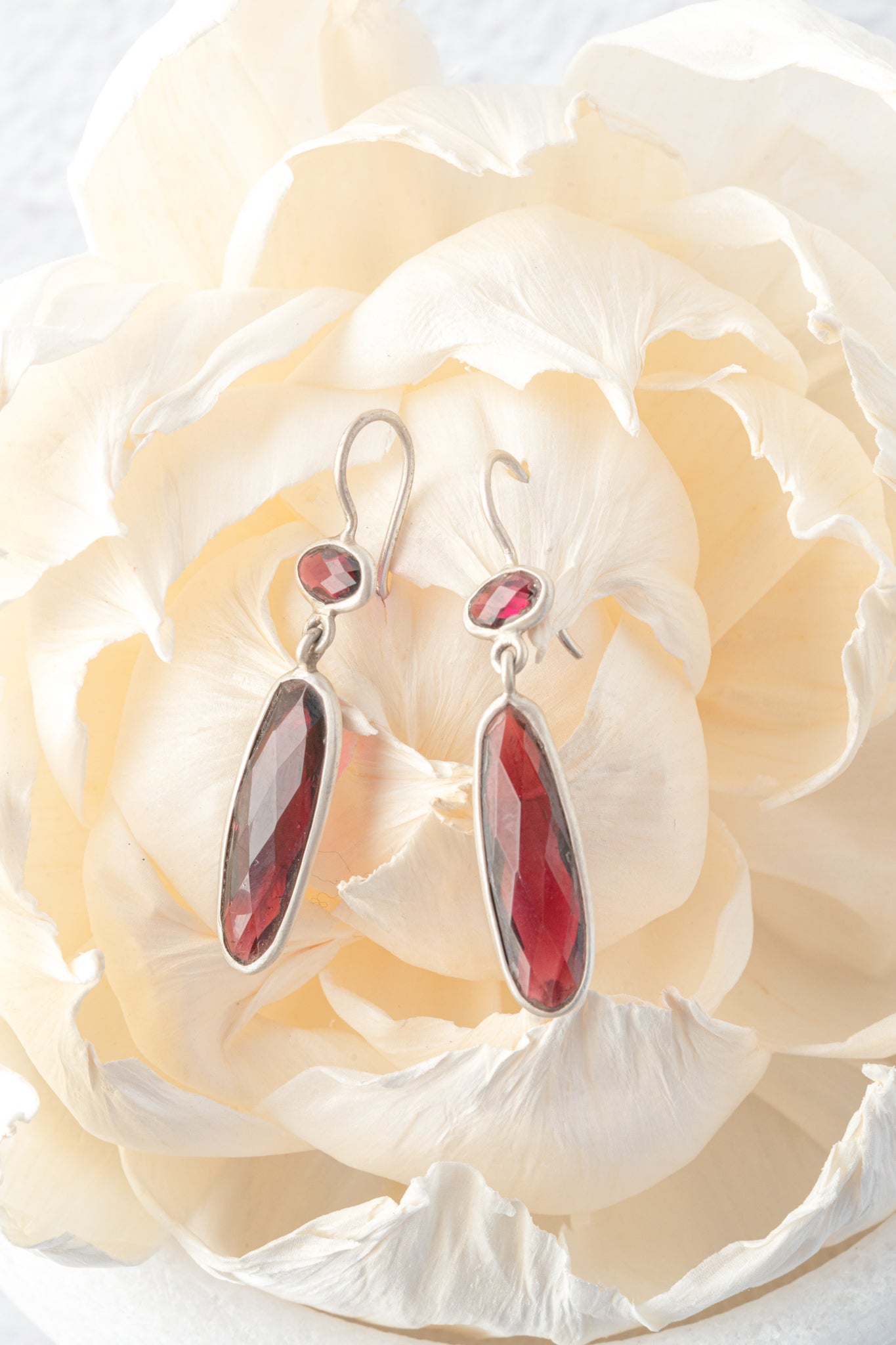 Jane Diaz Long Skinny Organic Shaped Stone Drop, Rhodolite Garnet 