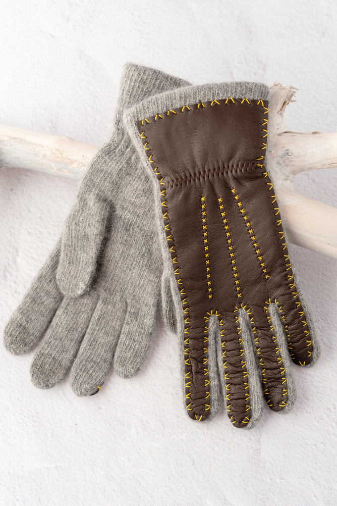 Santacana Madrid Contrast Stitch Leather and Wool Gloves, Gris 