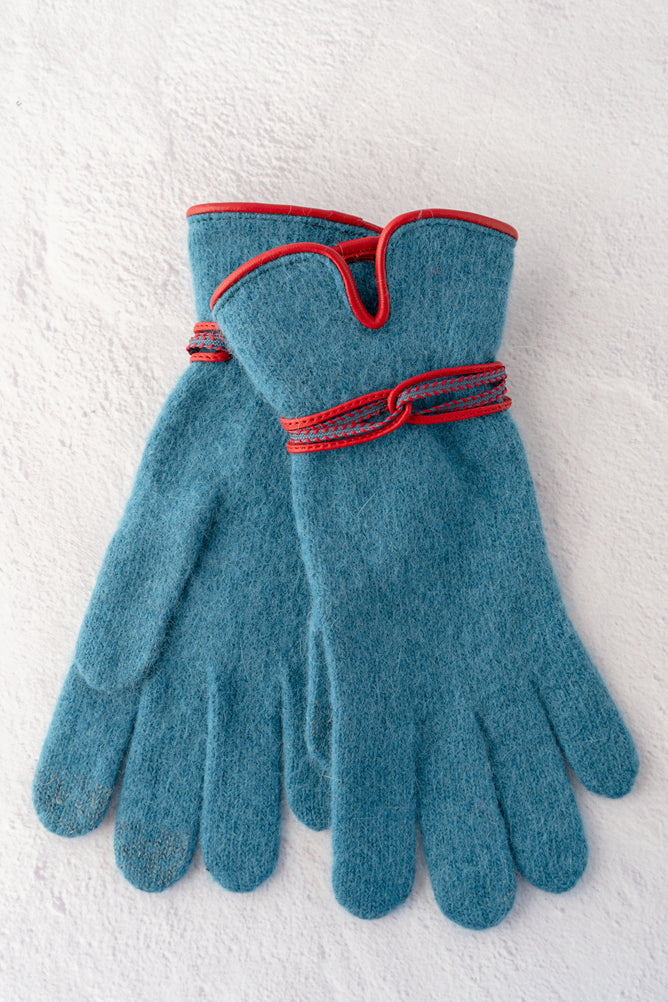 Santacana Madrid Leather Loop Wool-Angora Gloves, Petroleo 