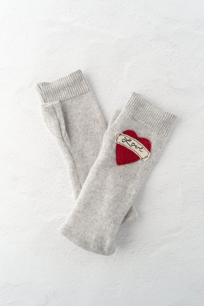 Sardine Recycled Cashmere Handwarmers, Tattoo Heart Love, Red/Gray 