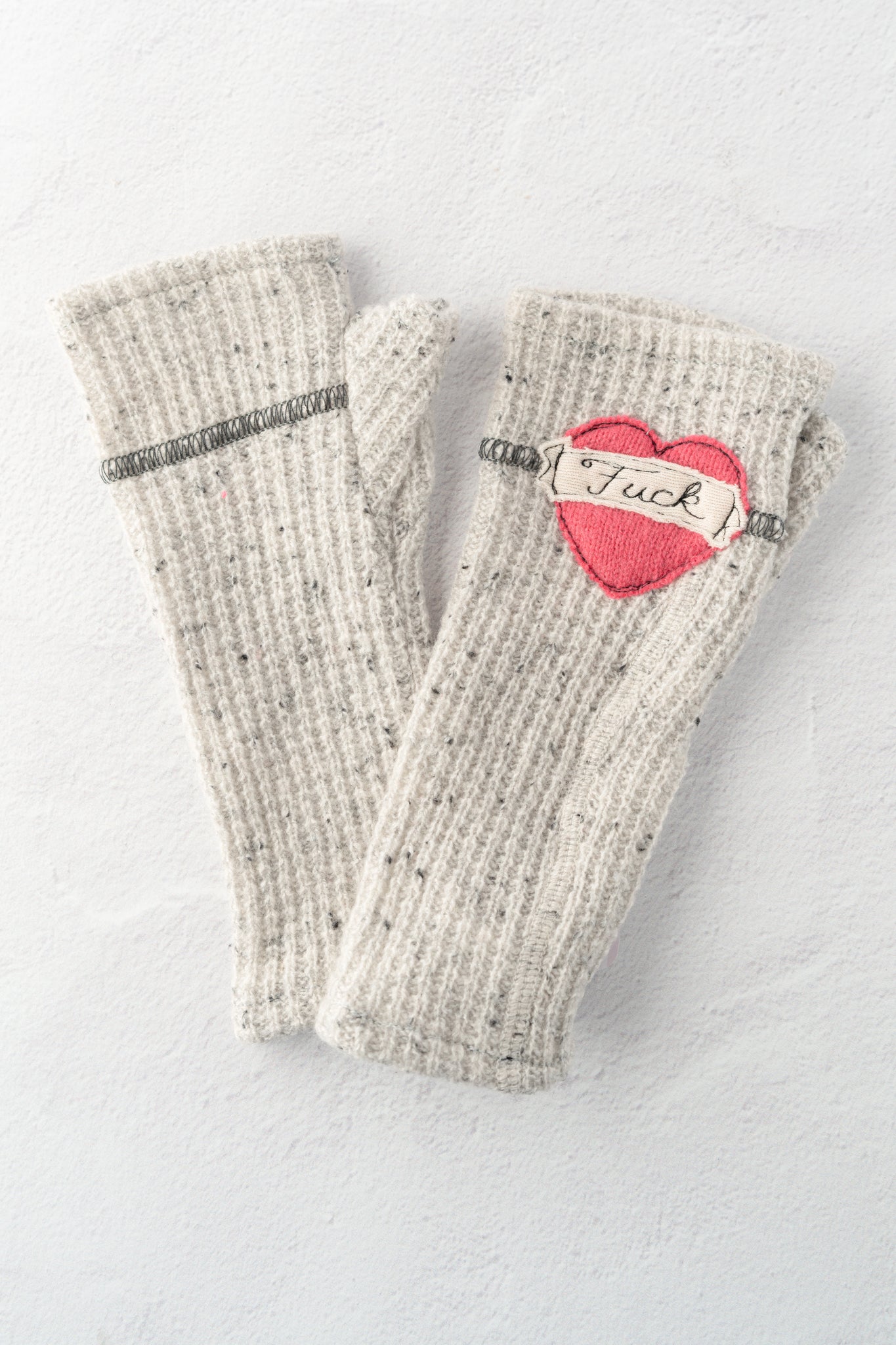 Sardine Recycled Cashmere Handwarmers, Tattoo Heart F*ck, Gray/Pink 