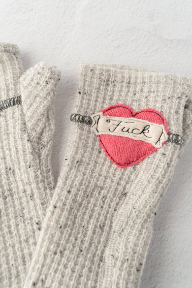 Sardine Recycled Cashmere Handwarmers, Tattoo Heart F*ck, Gray/Pink 
