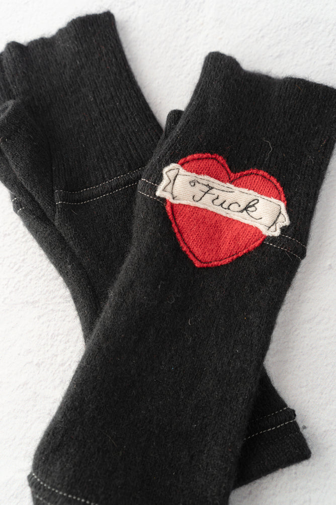Sardine Recycled Cashmere Handwarmers, Tattoo Heart F*ck, Black/Red 