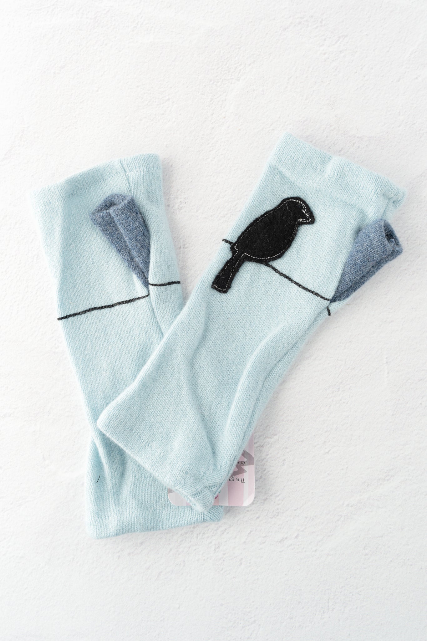 Sardine Recycled Cashmere Handwarmers, Bird on Wire/Aqua 