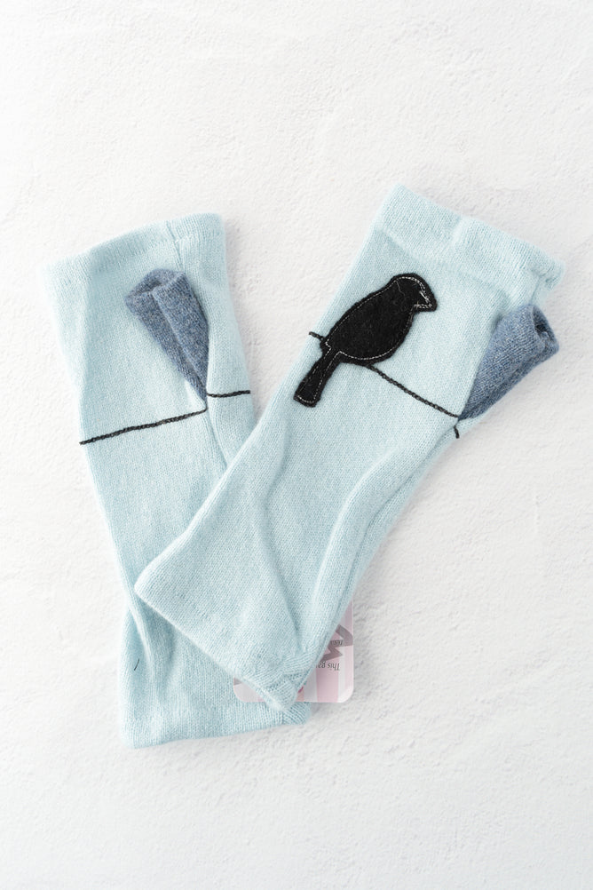 Sardine Recycled Cashmere Handwarmers, Bird on Wire/Aqua 