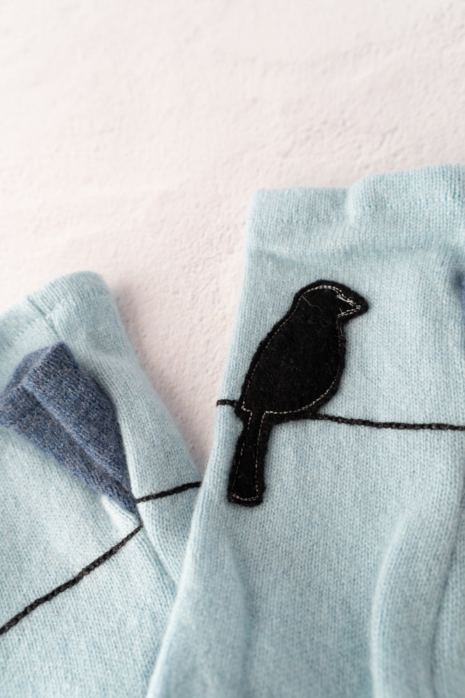 Sardine Recycled Cashmere Handwarmers, Bird on Wire/Aqua 