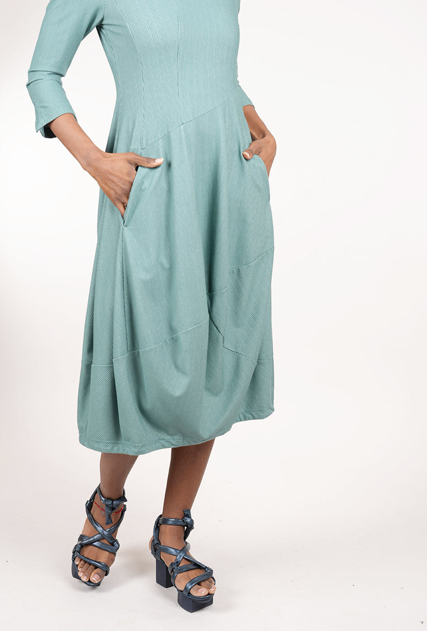 Rundholz Knit Texture Sleeved Shapely Dress, Grass Stripe 