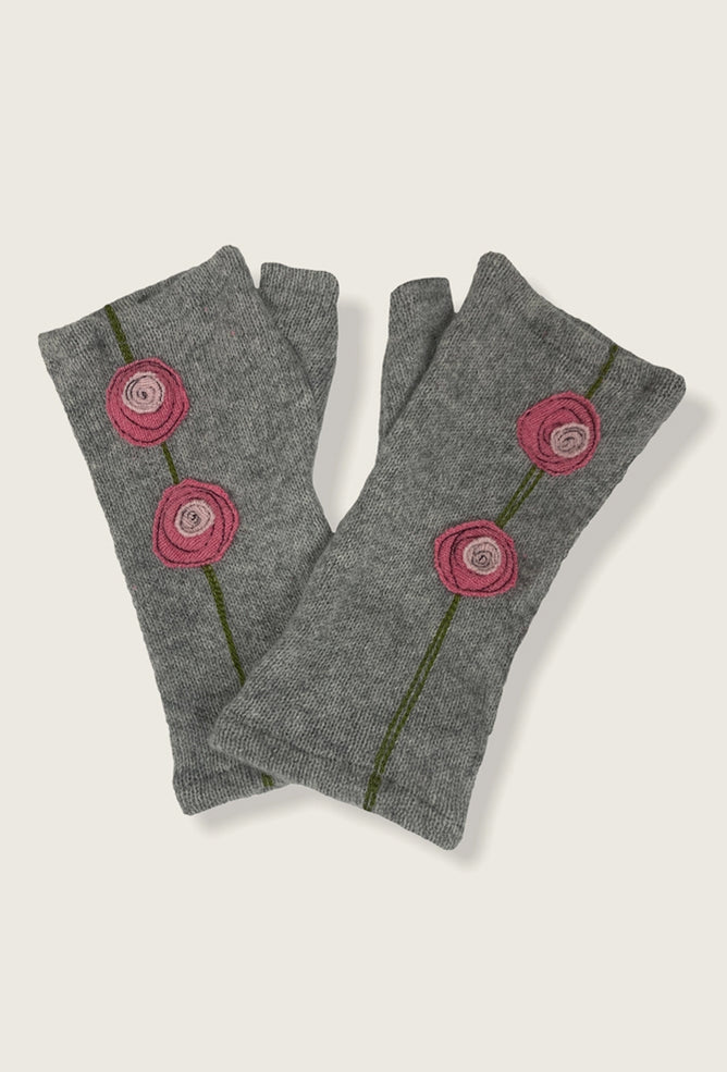 Recycled Cashmere Handwarmers, Double Rose/Pink on Gray