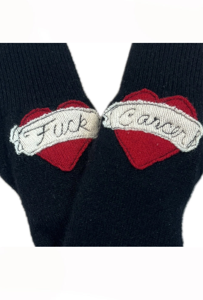 Recycled Cashmere Handwarmers, F* Cancer/Red on Black