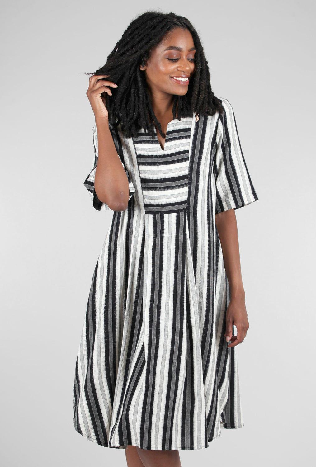 M Square Woven Stripe Breeze Dress, Black 