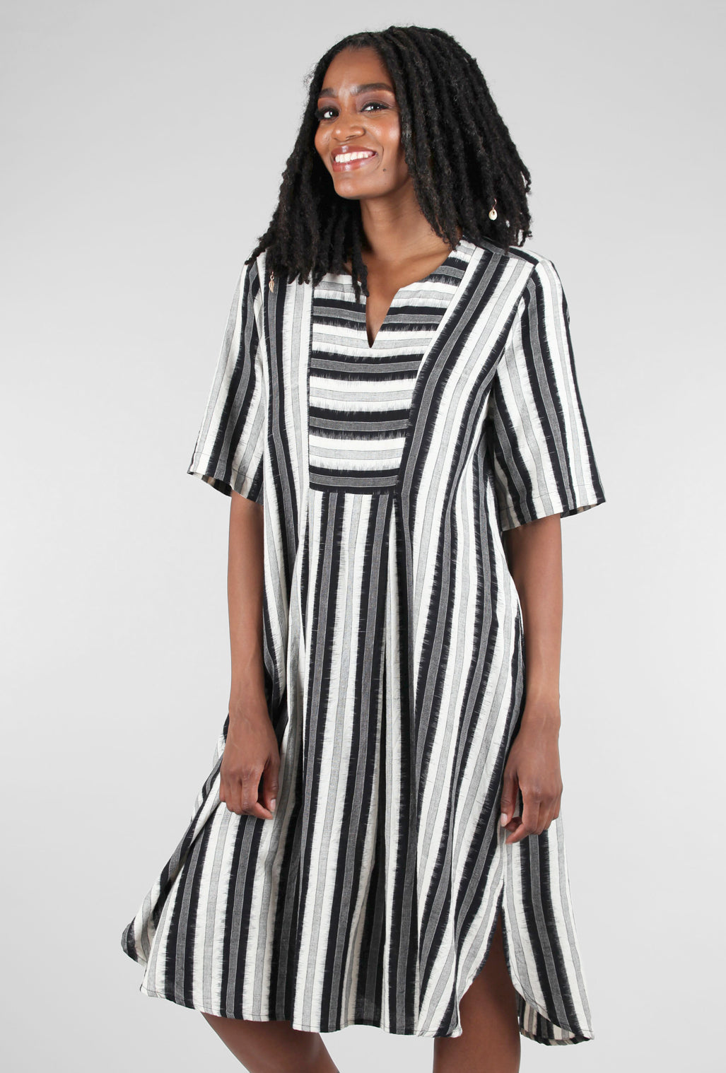 M Square Woven Stripe Breeze Dress, Black 