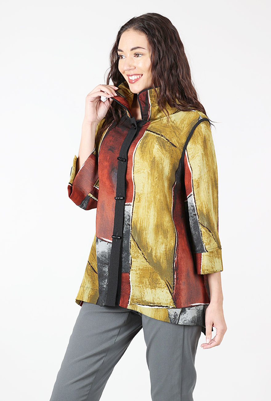 Wire Collar Longer A-Line Blouse, Burgundy/Ochre Angle 2