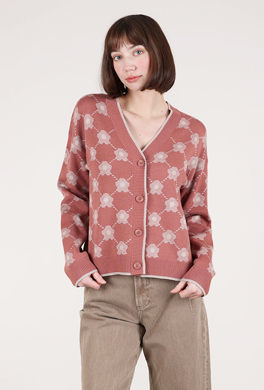 Hem & Thread Flower Jacquard Cardie, Terracotta 