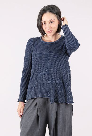 Fenini Garment Dye Waffle Pleat Top, Denim 