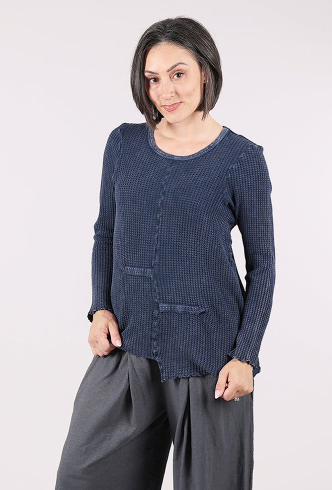 Fenini Garment Dye Waffle Pleat Top, Denim 