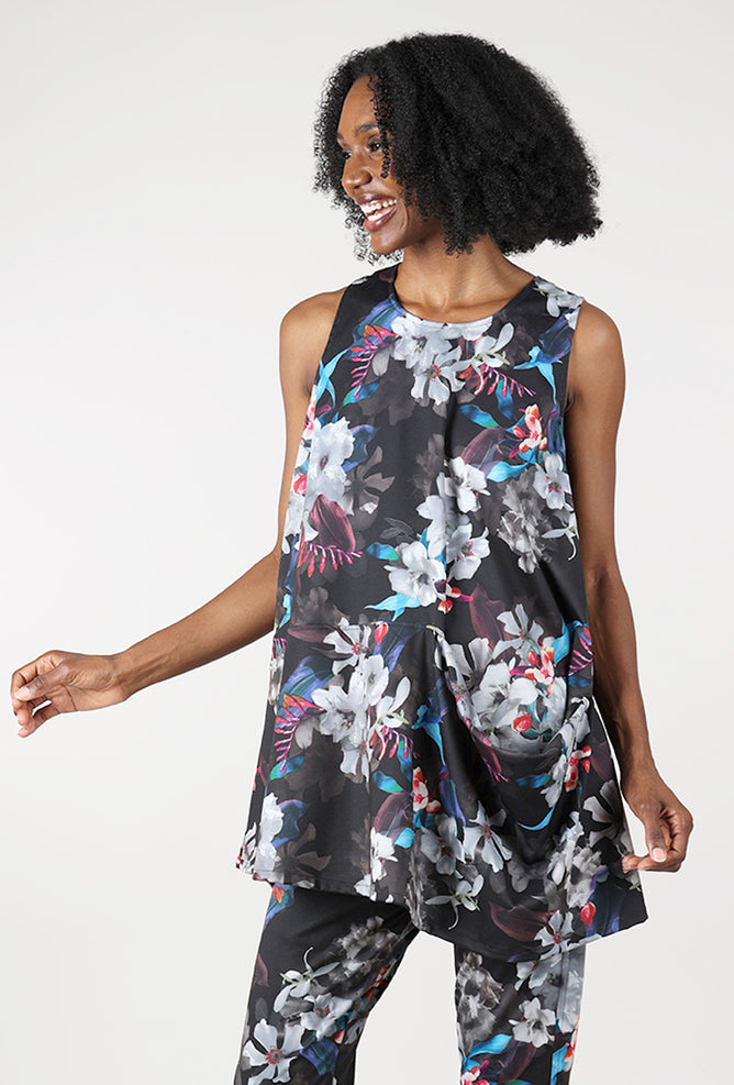 Paper Temples Circle Tunic, Black Floral 