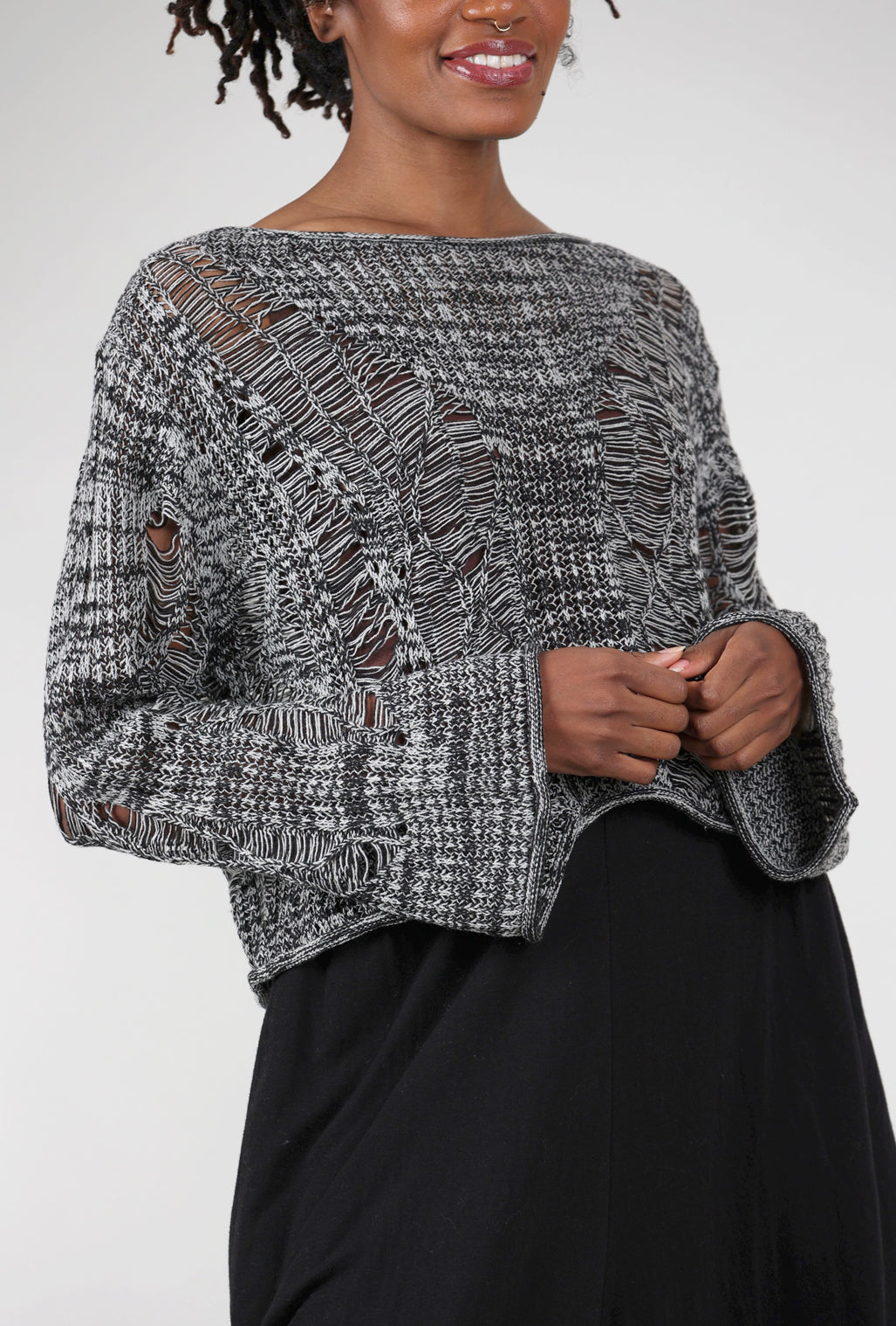 Moyuru Drop-Stitch Details Sweater, Salt/Pepper One Size Salt