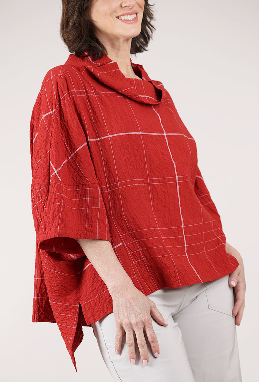 Moyuru Woven Plaid Cowl Blouse, Red 