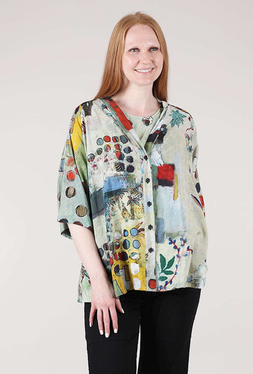 3 Potato Viscose Swing Button-Up Top, Sage/Maroon 