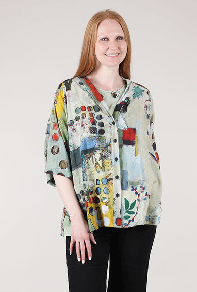 3 Potato Viscose Swing Button-Up Top, Sage/Maroon 