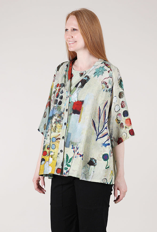 3 Potato Viscose Swing Button-Up Top, Sage/Maroon 