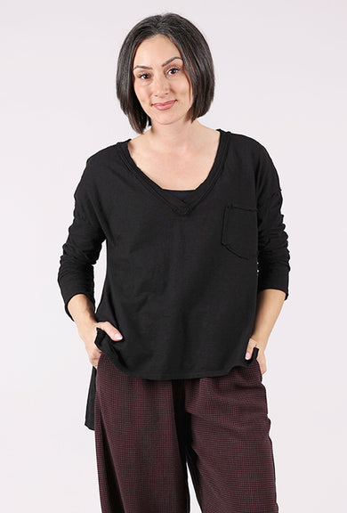 Cut Loose Raw Edge Deep Vee Tee, Black 