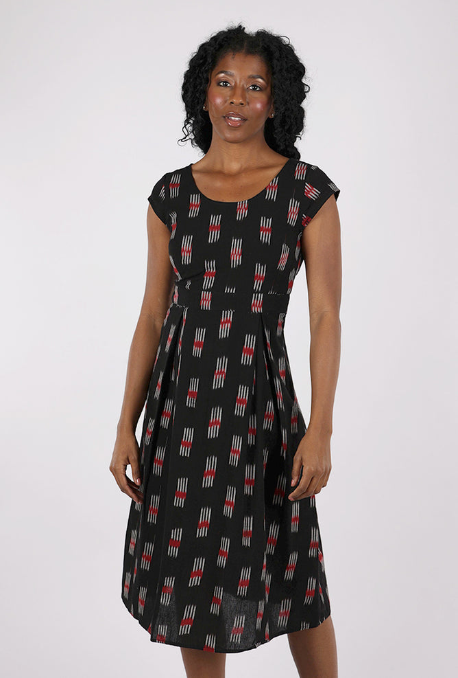 Mata Traders Vintage Pleat Dress, Black Ikat 