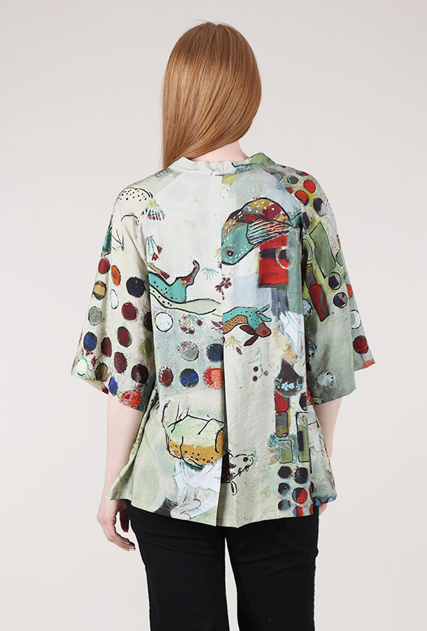 3 Potato Viscose Swing Button-Up Top, Sage/Maroon 