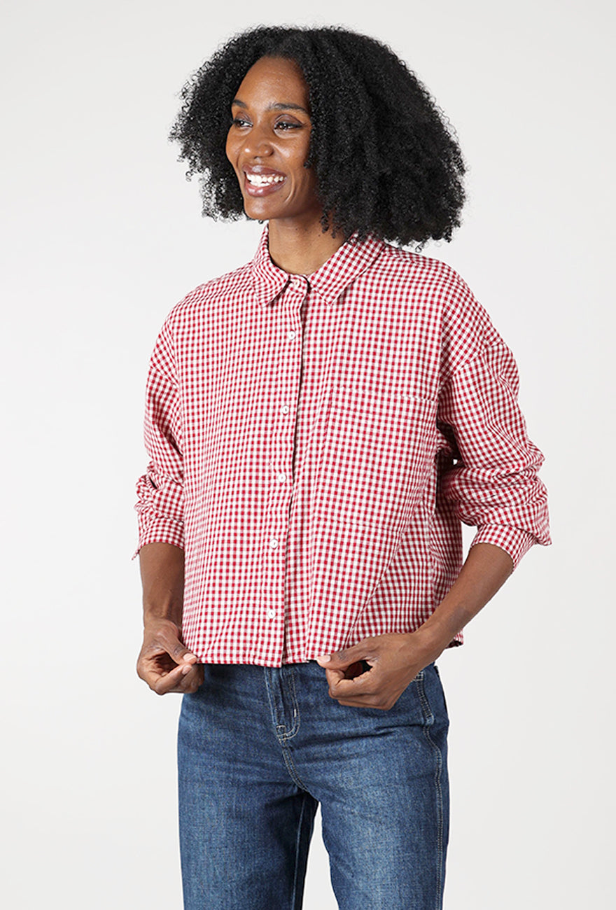 Woven Crop Shirt, Red/White Angle 2