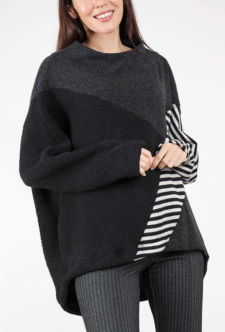 Boucle Mix Funnel Pullover, Black Multi