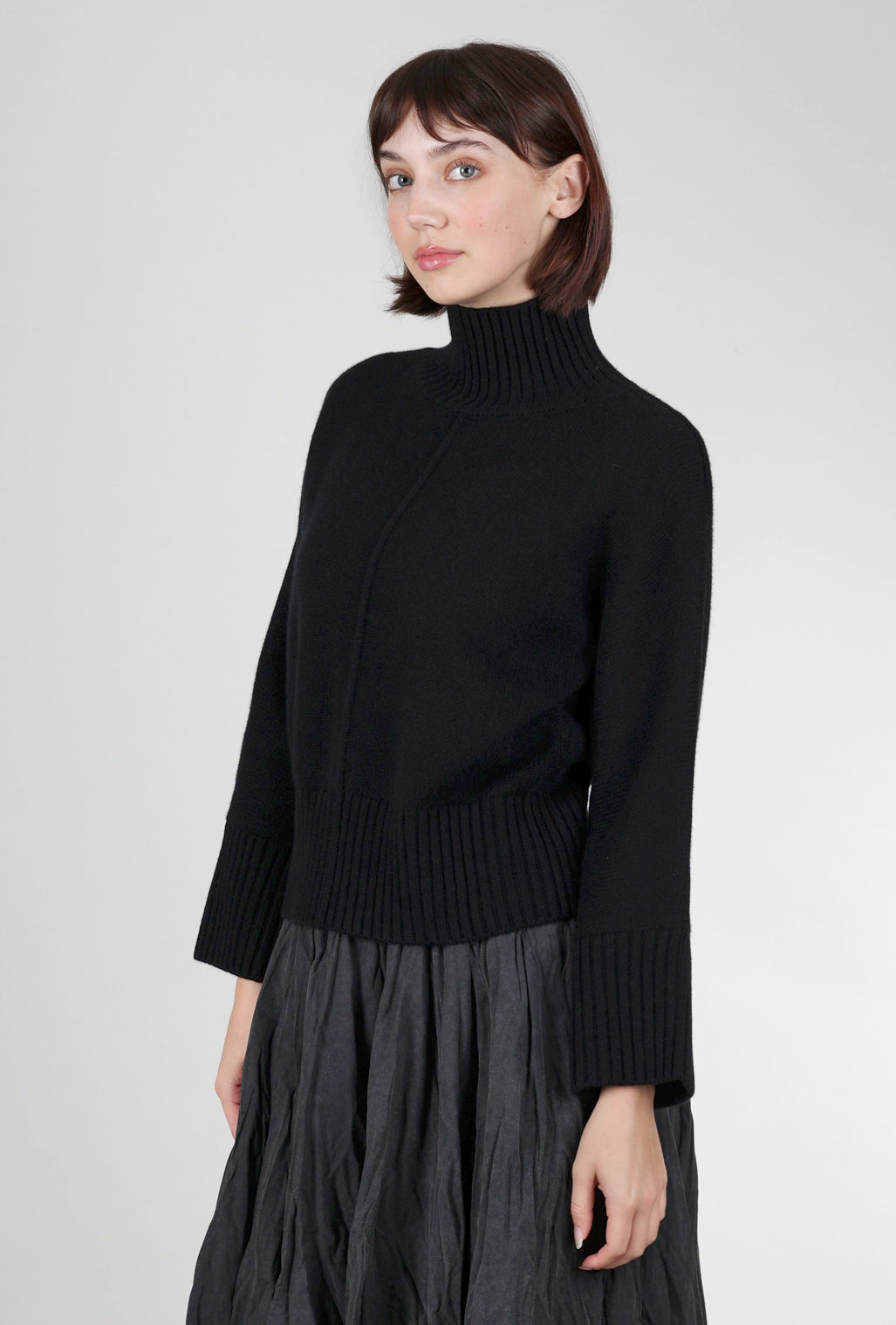 Kinross Cashmere Luxe Cashmere Rib Trim Mockneck, Black 