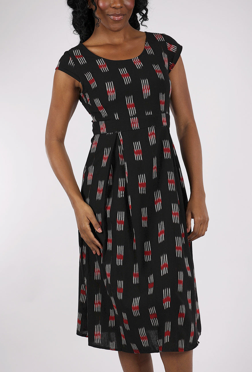 Mata Traders Vintage Pleat Dress, Black Ikat 