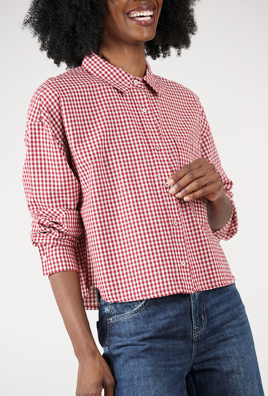 Woven Crop Shirt, Red/White Angle 4